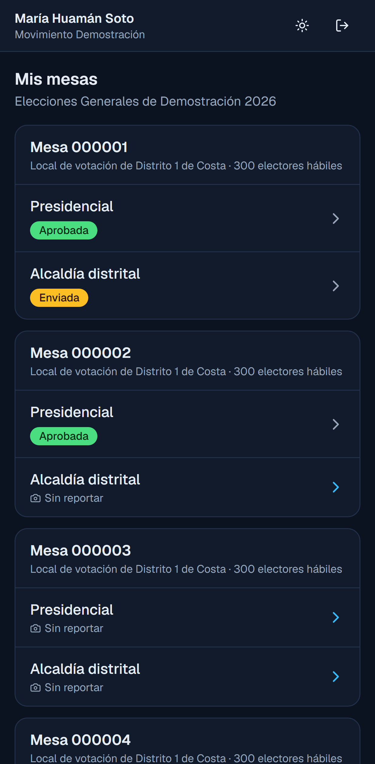 Vista de campo en el teléfono: las mesas asignadas a un personero, con el estado de cada acta